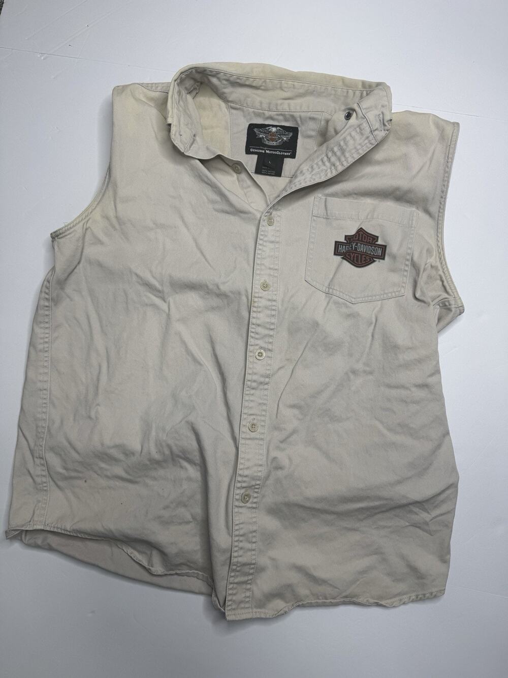 Harley Davidson MotorClothes Shirt Mens L Beige Sleeveless Button Up Biker Vest